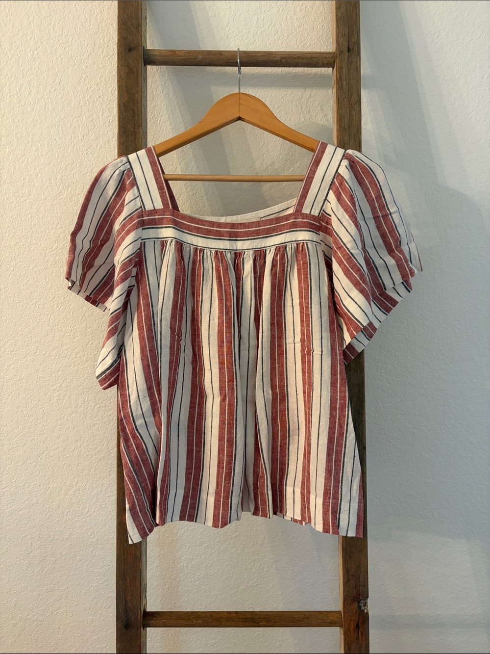 LOFT Red & White Striped Square Neck Peasant Top
